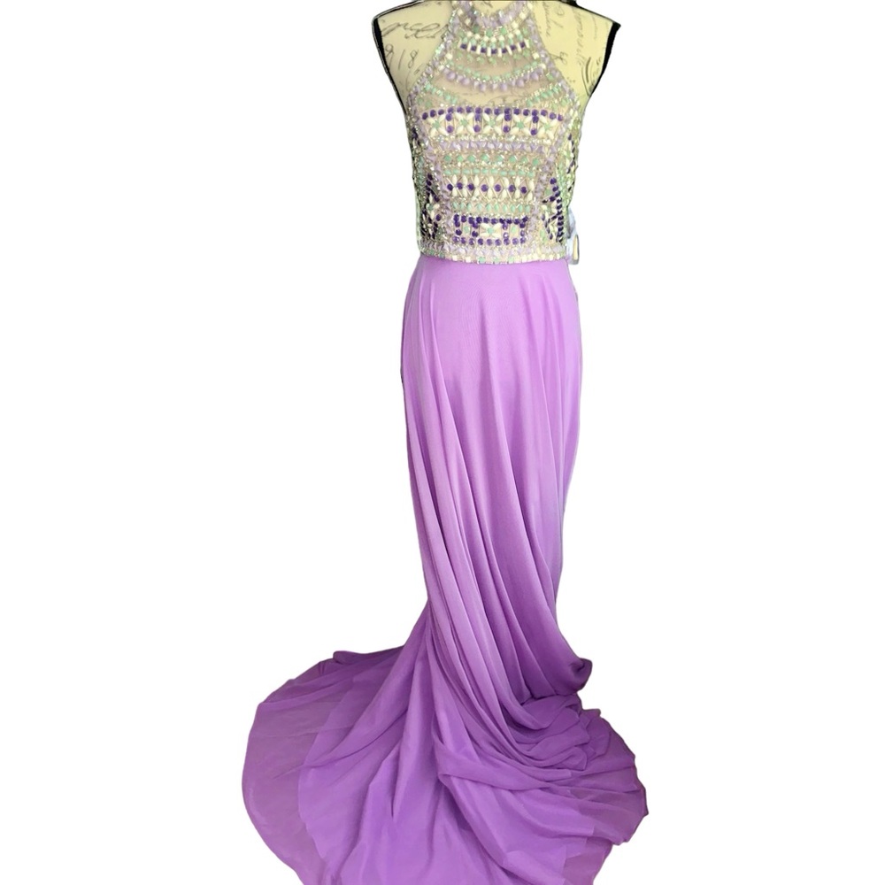 Purple Orchid Beaded Halter Maxi Gown Dave & Johnny Formal Dress 1/2 - Picture 8 of 11